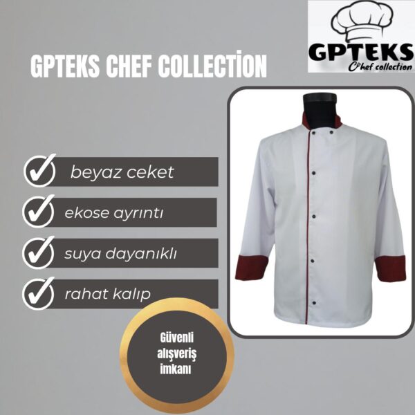 GPTEKS Aşçı Beyaz Ceket Ekose Ayrıntılı
